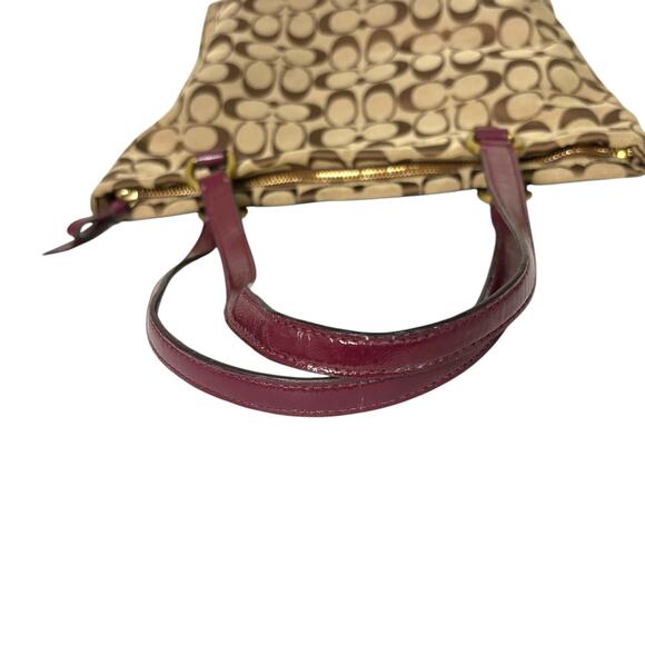 Coach Signature Stripe Tote Bag Tan Jacquard Pink Plum Patent Leather F28504 - Picture 7 of 15